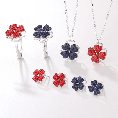 Four Leaf Clover Heart Jewelry Necklace Adjustable Ring Stud Earrings Rotatable Rhinestone Copper Elegant Fashion Women
