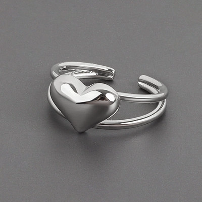 Hollow Double Layer Heart Ring For Women Adjustable Copper Polished Mirror Finish Minimalist Trendy Jewelry Gift
