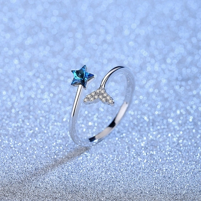 Mermaid Tail Star Open Ring Silver Plated Copper With Blue Crystal And Zirconia Fashion Jewelry For Women Gift