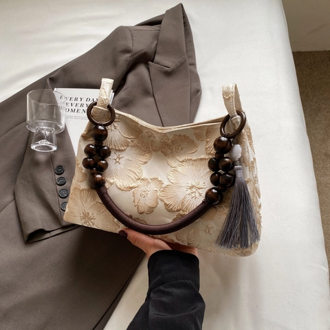 Vintage Chinese Style Embroidered Jacquard Tote Bag With Wood Beaded Handle Tassel Underarm Shoulder Bag For Women