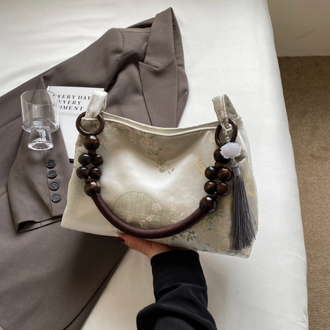 Vintage Chinese Style Embroidered Jacquard Tote Bag With Wood Beaded Handle Tassel Underarm Shoulder Bag For Women