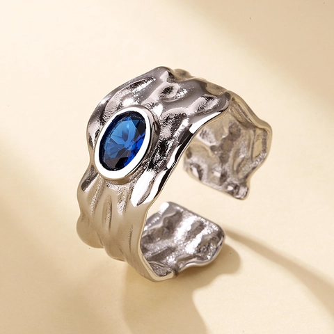 Vintage Irregular Lava Texture Open Ring Oval Zircon Gemstone Adjustable Fashion Jewelry For Women