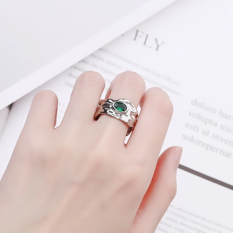 Vintage Irregular Lava Texture Open Ring Oval Zircon Gemstone Adjustable Fashion Jewelry For Women