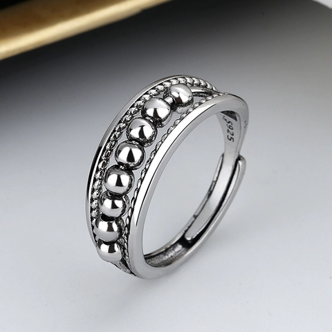 Retro S925 Sterling Silver Open Adjustable Ring Beaded Polka Dot Thai Silver Style Geometric Unisex Jewelry For Couples
