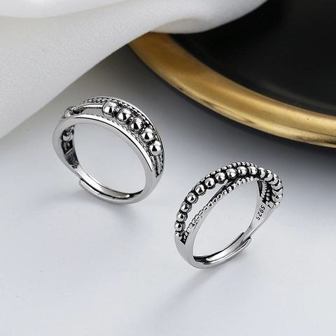 Retro S925 Sterling Silver Open Adjustable Ring Beaded Polka Dot Thai Silver Style Geometric Unisex Jewelry For Couples