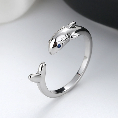 Bague Ouverte Requin En Cuivre Argenté Bijoux Animaux Ajustables Pour Femmes Hommes Avec Yeux En Zircone Bleue