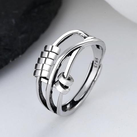 Anxiety Ring S925 Sterling Silver Stress Relief Sliding Beads Smile Engraved Adjustable Geometric Jewelry For Women