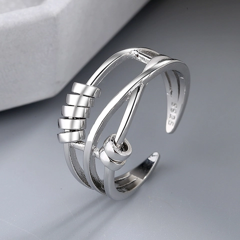 Anxiety Ring S925 Sterling Silver Stress Relief Sliding Beads Smile Engraved Adjustable Geometric Jewelry For Women
