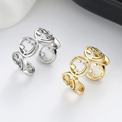Smiley Open Ring Met Meerlaagse Look Verstelbaar Koperen Happy Face Vingerband Retro Punk Sieraden
