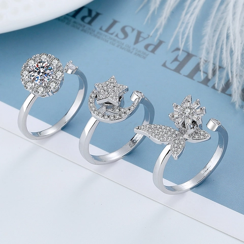 Anxiety Spinner Rings For Women Copper Zircon Butterfly Star Moon Rotating Adjustable Anti Stress Fidget Jewelry