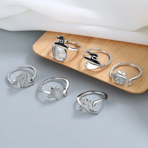 Halloween Adjustable Rings Pumpkin Witch Hat Ghost Broom Boo Hollow Out Copper Silver Plated Jewelry Party Favors