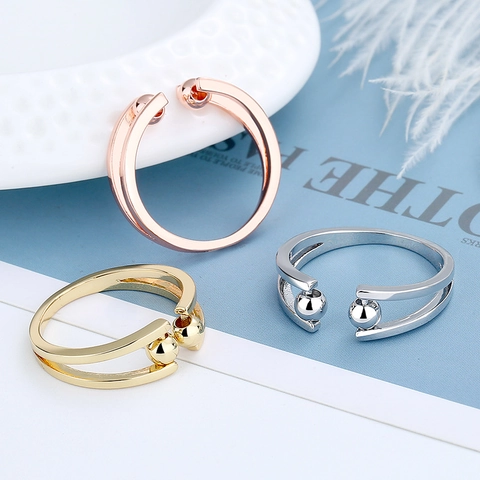 925 Sterling Silver Anxiety Relief Spinning Beads Ring For Women Double Layer Open Adjustable Minimalist Jewelry