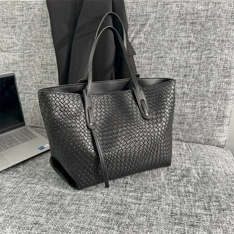 Bolso Tote Retro De Cuero PU Trenzado Para Mujer Gran Capacidad Doble Asa Color Sólido Elegante Bolso De Hombro Casual