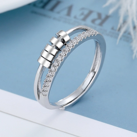 Spinning Anxiety Ring For Women Copper Cubic Zirconia Rotatable Beads Double Layer Adjustable Stress Relief Jewelry