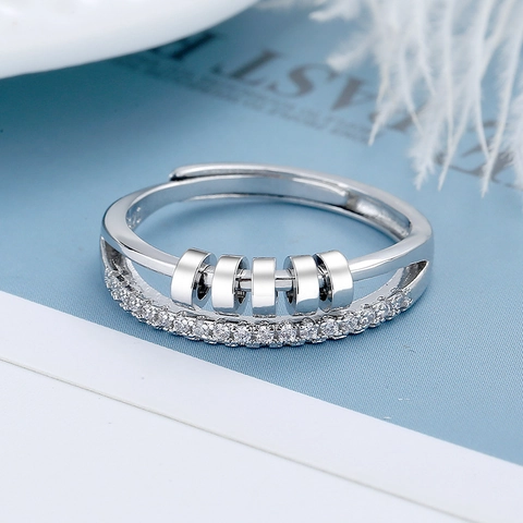 Spinning Anxiety Ring For Women Copper Cubic Zirconia Rotatable Beads Double Layer Adjustable Stress Relief Jewelry
