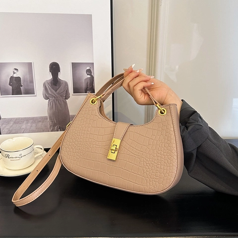 Borsa A Spalla Da Donna In Pelle PU Con Motivo Coccodrillo Mezzaluna Hobo Con Chiusura Dorata Piccola Vintage