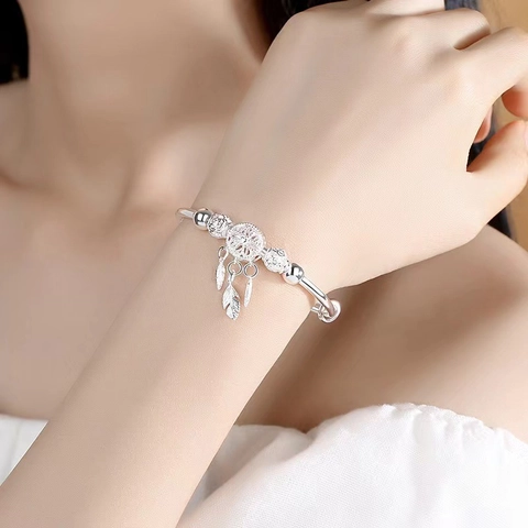 Dreamcatcher Feather Charm Bangle Adjustable Silver Plated Copper Bracelet For Women Bohemian Fashion Jewelry
