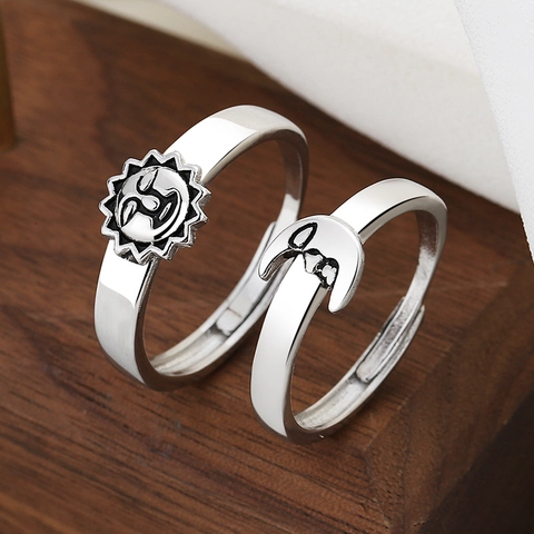 Anillos De Pareja Sol Y Luna Cobre Plateado Anillo Abierto Ajustable Joyería Vintage Minimalista Para Enamorados