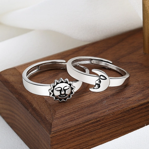 Anillos De Pareja Sol Y Luna Cobre Plateado Anillo Abierto Ajustable Joyería Vintage Minimalista Para Enamorados
