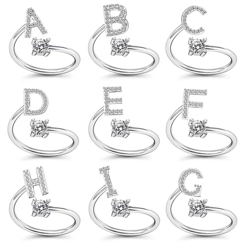 Alphabet Initial Open Adjustable Ring Silver Tone Alloy With Round White Zircon And Paved Rhinestones Fashion Jewelry For Women