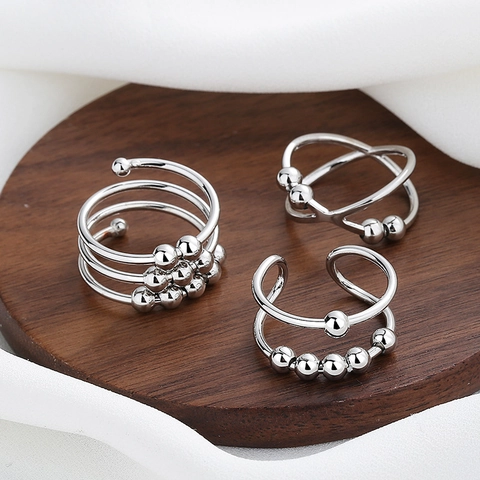 Anxiety Ring With Movable Beads Copper Spinner Stress Relief Fidget Rings Adjustable Open Design Minimalist For Women