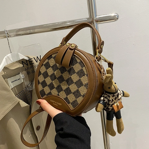 Borsa A Tracolla Rotonda Pelle PU Scacchi Stampa Leopardata Retrò Borsa A Spalla Per Donne Con Ciondolo Coniglio