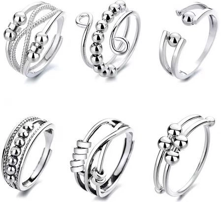 Fidget Band Rings Silver Plated Copper Anxiety Relief Spinning Moveable Beads Adjustable Open Simple Fashion Women Gift
