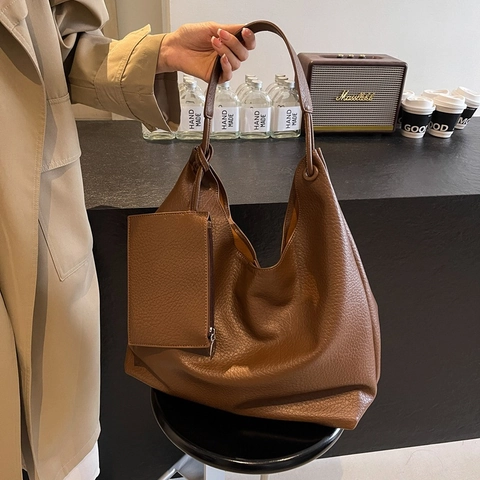 Large Capacity Hobo Bag Pebble Grain PU Leather Minimalist Urban Style Shoulder Tote Including Small Pouch Women