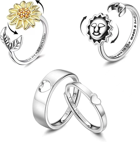 Bague Spinner Tournesol Cuivre Zircone Lune Étoile Mains Embrassant Coeur Réglable Soulagement Du Stress Bijoux