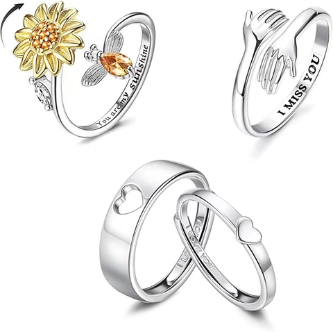 Bague Spinner Tournesol Cuivre Zircone Lune Étoile Mains Embrassant Coeur Réglable Soulagement Du Stress Bijoux