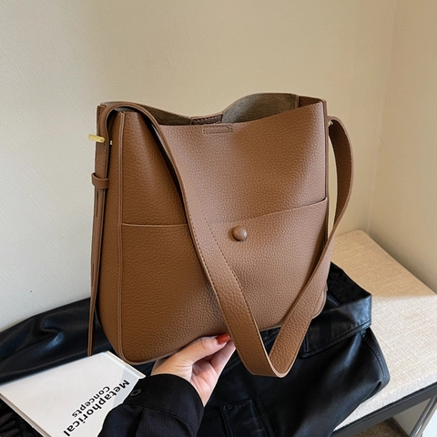 Lychee Pattern PU Leather Bucket Bag Large Capacity Retro Minimalist Women Shoulder Tote Commuter Bag