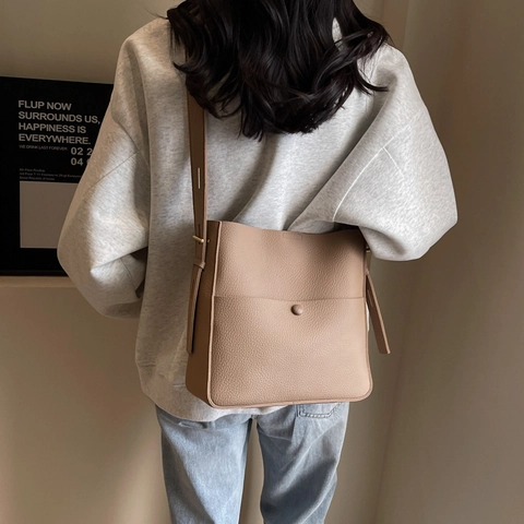 Lychee Pattern PU Leather Bucket Bag Large Capacity Retro Minimalist Women Shoulder Tote Commuter Bag