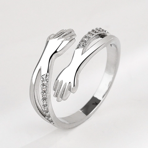 Romantic Hugging Hands Ring Copper Rhinestone Adjustable Minimalist Fashion Jewelry For Couples