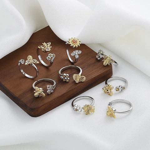 Anello Girevole Ape Girasole Nido D'ape Donna Regolabile Rame Zircone Antistress Gioielli Bicolore Elegante