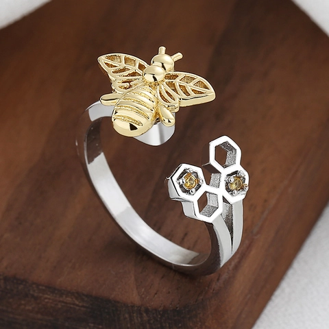 Anello Girevole Ape Girasole Nido D'ape Donna Regolabile Rame Zircone Antistress Gioielli Bicolore Elegante