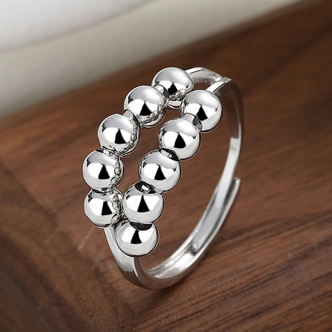 Fidget Ring Tegen Angst Koper Verzilverd Dubbellaags Draaibare Kralen Cubaanse Ketting Verstelbare Mode Sieraden Vrouwen