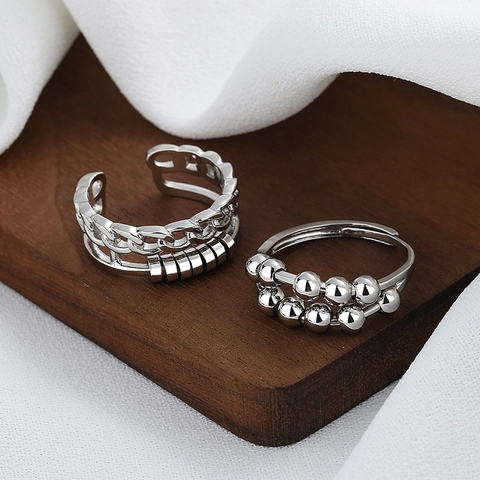 Fidget Ring Tegen Angst Koper Verzilverd Dubbellaags Draaibare Kralen Cubaanse Ketting Verstelbare Mode Sieraden Vrouwen
