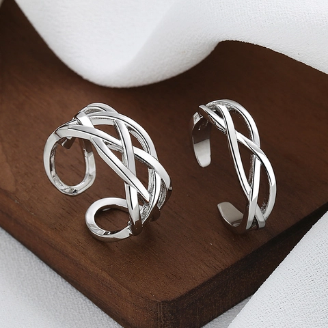 Vintage Twisted Braid Open Ring 925 Silver Plated Copper Woven Hollow Adjustable Jewelry For Women Men