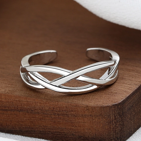 Vintage Twisted Braid Open Ring 925 Silver Plated Copper Woven Hollow Adjustable Jewelry For Women Men