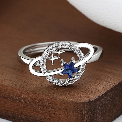 Planeten Stern Verstellbarer Ring Blau Zirkonia Kupfer Schmuck Galaxie Geschenk Für Damen