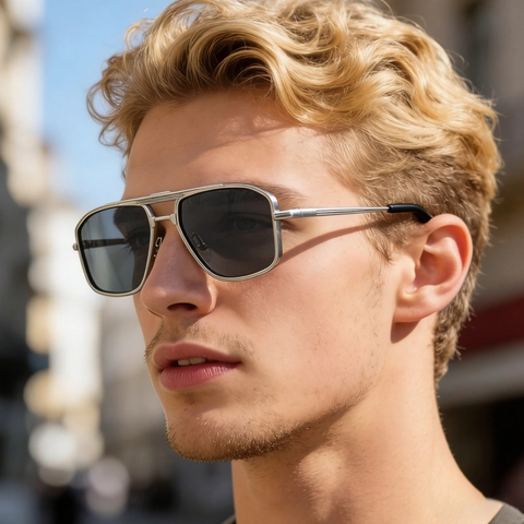Fashionable Men Square Sunglasses Metal Frame Double Bridge Navigator Style UV400 Protection Retro Modern Outdoor Eyewear