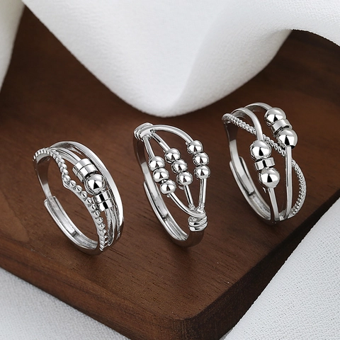 Anillo Abierto Ajustable Cobre Cuentas Giratorias Alivio Ansiedad Joyería Spinner Para Mujeres Estilo Minimalista