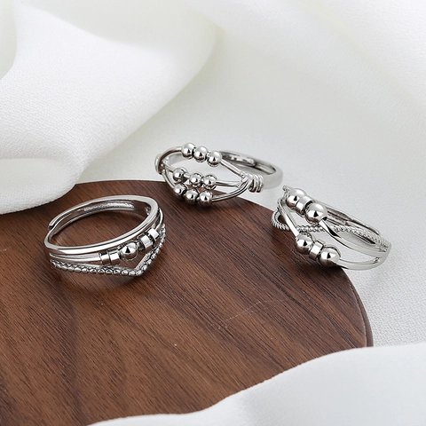 Anillo Abierto Ajustable Cobre Cuentas Giratorias Alivio Ansiedad Joyería Spinner Para Mujeres Estilo Minimalista