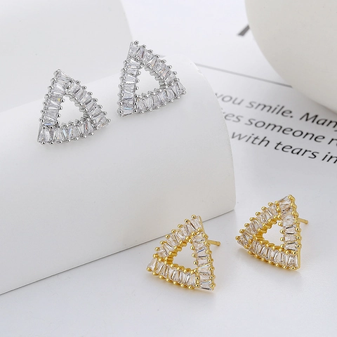 Triangle Stud Earrings Geometric Copper Inlaid With Baguette Zircon Retro Simple Elegant Jewelry For Women