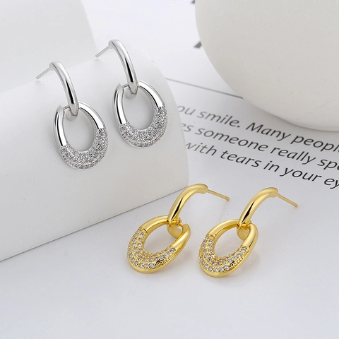 Orecchini Pendenti Geometrici A Doppio Cerchio Rame Micro Pavè Zirconia Pendente Ovale Gioielli Eleganti Da Donna