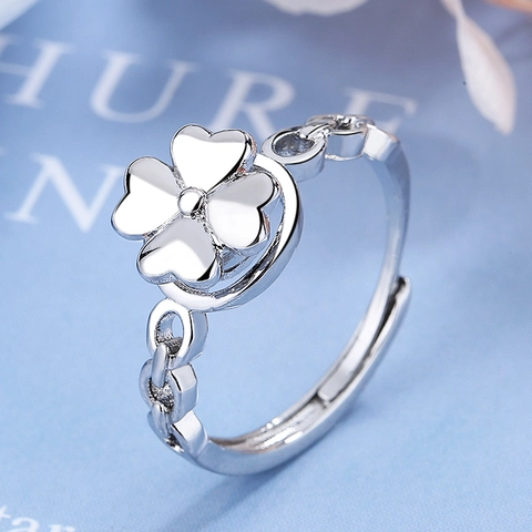 Rotating Four-Leaf Clover Spinner Ring Adjustable Silver Plated Copper Hollow Chain Band Jewelry Gift For Women