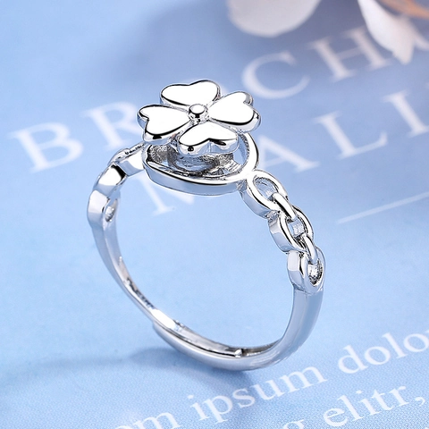 Rotating Four-Leaf Clover Spinner Ring Adjustable Silver Plated Copper Hollow Chain Band Jewelry Gift For Women