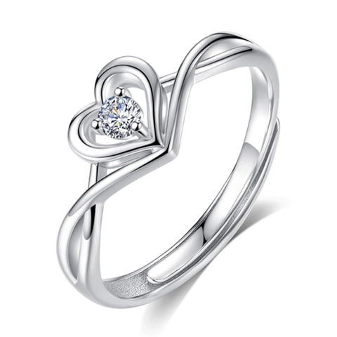 Eleganter Herzring Kupfer Platinierter Hohl Doppelherzen Zirkon Verstellbarer Offener Wellenband Schmuck Für Damen
