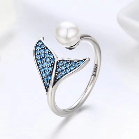 Anello Aperto A Coda Di Pesce Oceano Argento Sterling S925 Zircone Micro Intarsiato Perla Artificial Gioielli Regolabili Per Donne Elegante