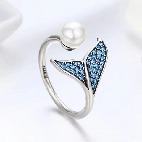 Anello Aperto A Coda Di Pesce Oceano Argento Sterling S925 Zircone Micro Intarsiato Perla Artificial Gioielli Regolabili Per Donne Elegante